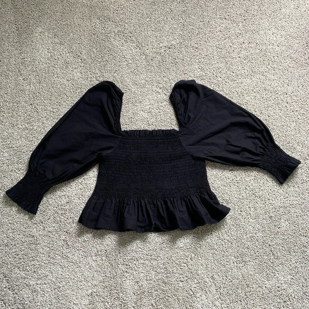 Zara • Black Balloon Sleeves Smocked Peplum Top